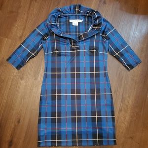 GRETCHEN SCOTT PLAIDLY COOPER RUFFNECK DRESS BLUE